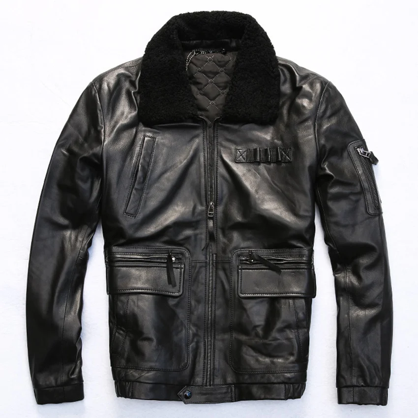 

2022 winter men's coat fur collar sheepskin coats cotton liner casual flight jacket black real genuine leather jacket men