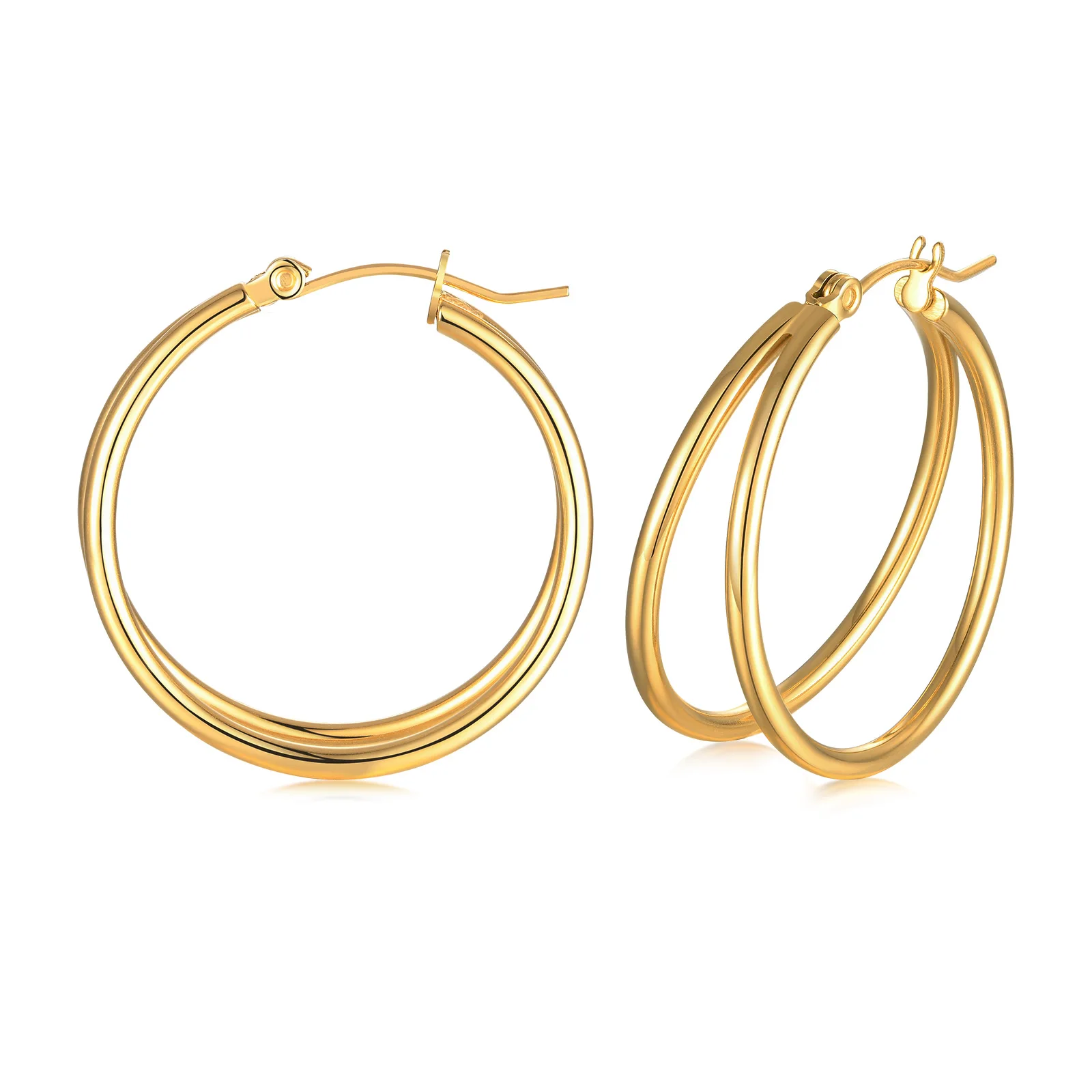 

Double Tube Hoop Earrings Womens Gold Filed Stainless Steel Round Earring