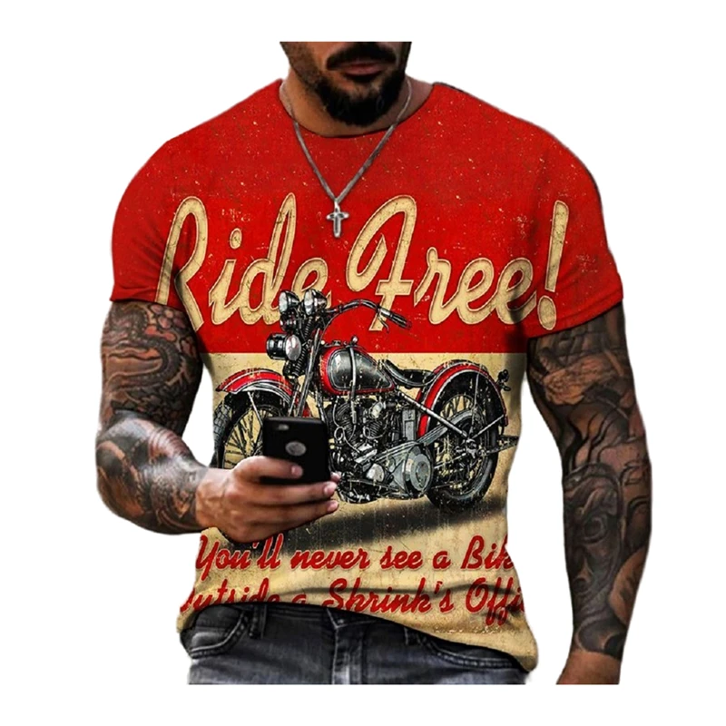 

3D printing T-shirt men's personality oversize and loose sewing pattern street motorcycle red shirt summer new 2021