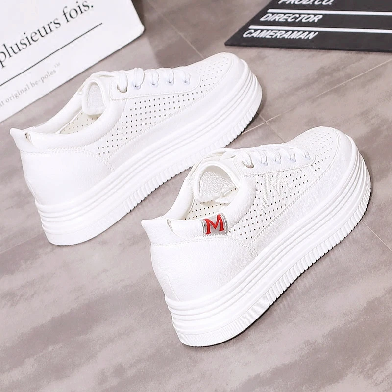 Женские кроссовки на платформе белые дышащие шнуровке повседневная спортивная