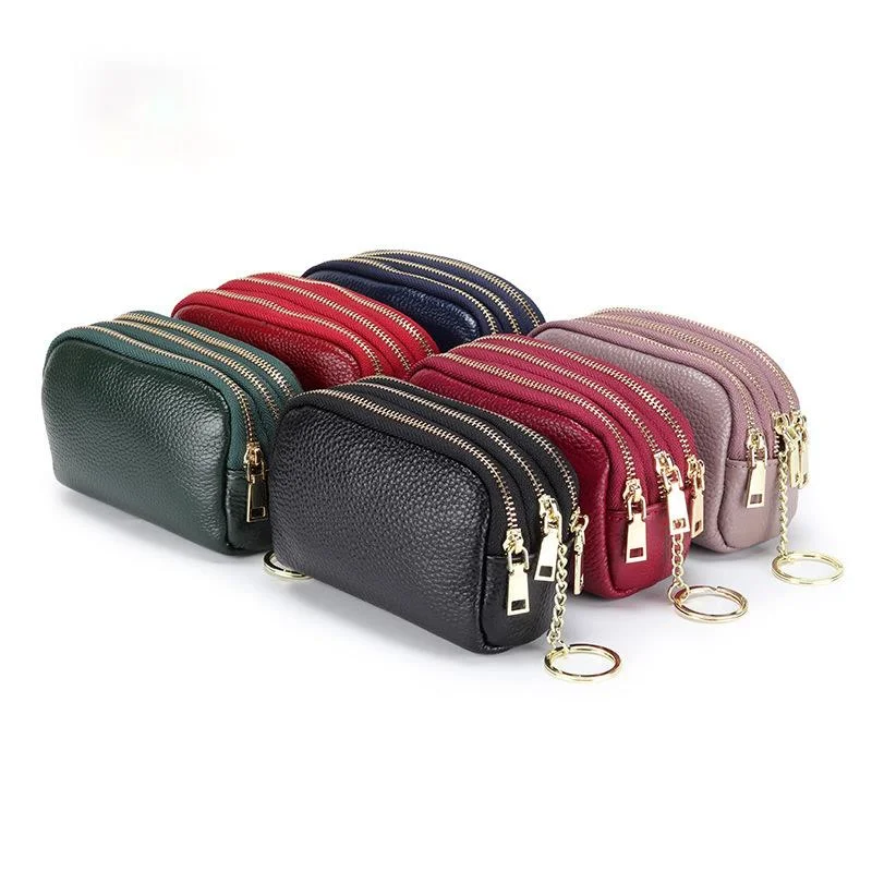

Mini Bag Head Layer Cowkin Zero Wallet Three Zip Coin Bag Multi-function Key Bag Small Short Wallet