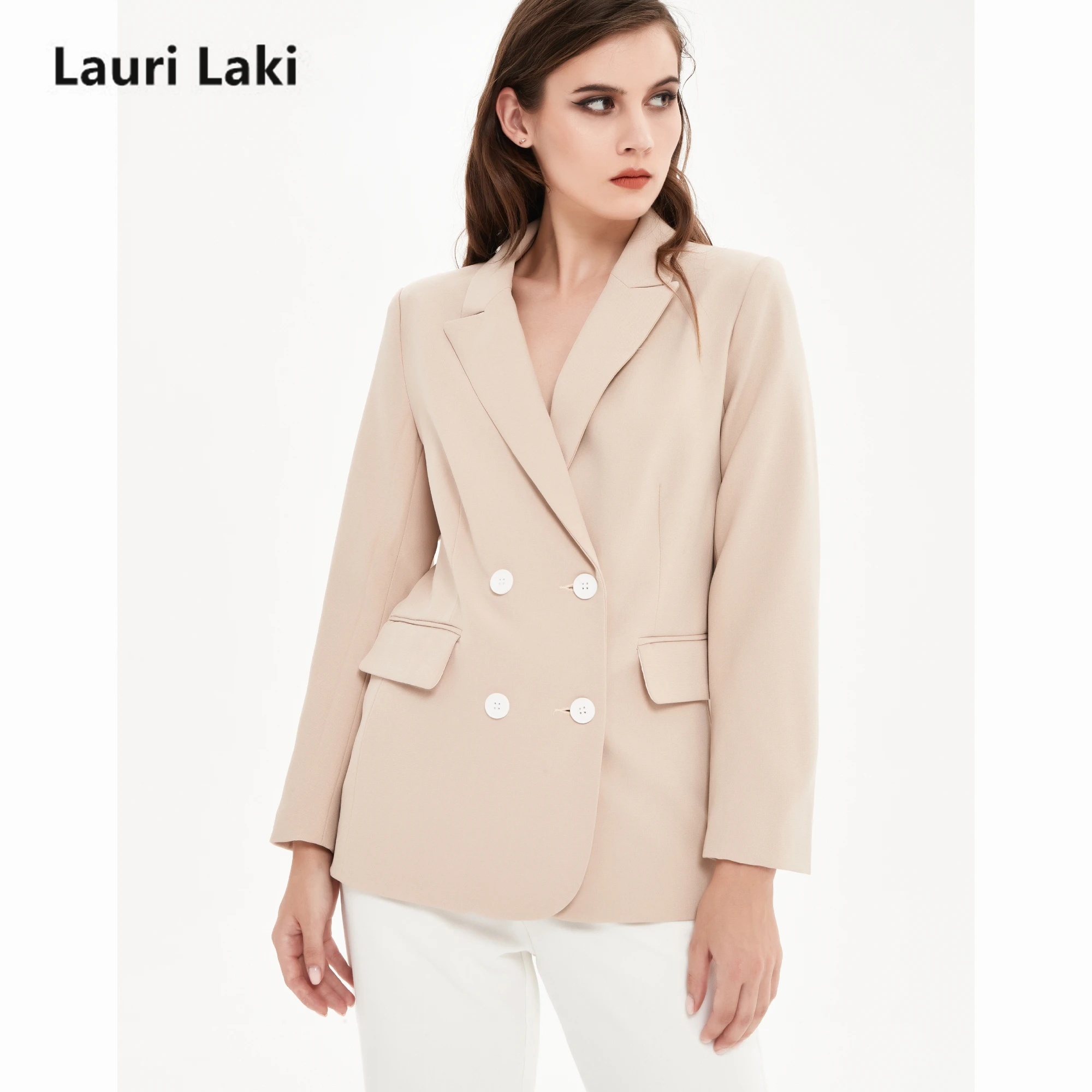 

Lauri Laki Double Breasted Blazer Jacket Women Plus Size Elegant Beige Long Sleeve Blazer Coats Autumn 2021 Retro Black Outwear