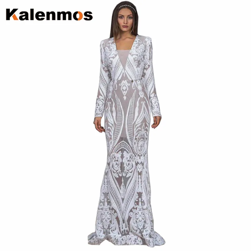 Long Party Dress Women Lace Embroidered V-Neck KALENMOS White Wedding Evening Elegant Maxi Vestidos Formal Gowns Robe | Женская одежда