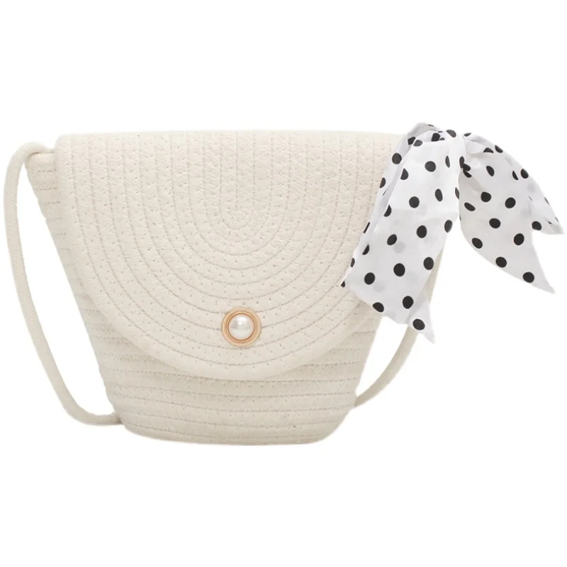 

Summer Sweet Cotton Crossbody Bag For Women 2021 Lady Fashion Trendy Weaving Beach Shoulder Handbags Designer Bow