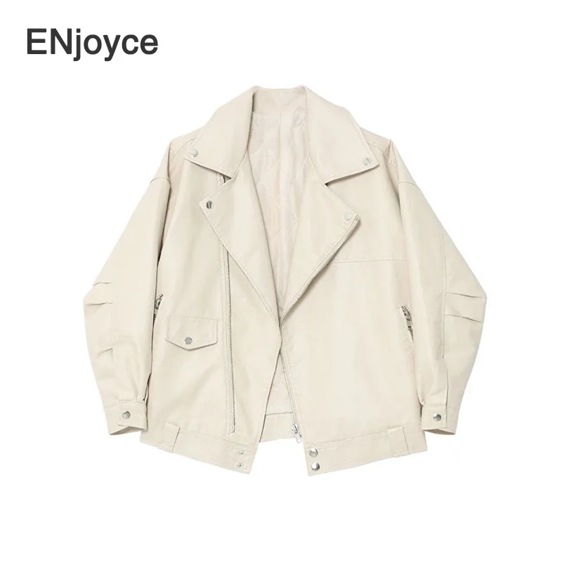 

Autumn Winter Women Faux Soft Leather Loose Jacket Coat White Turndown Collar Pu Motorcycle Overcoat Female Rivet Punk Jackets