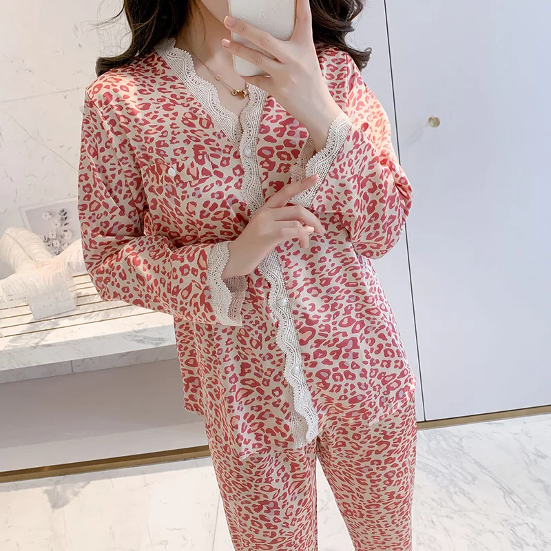 

Women Pajamas Set 2021 New Lounge Wear Casual Shirt&Pants Satin Leopard 2PCS Sleepwear Intimate Lingerie With Lace Homewear
