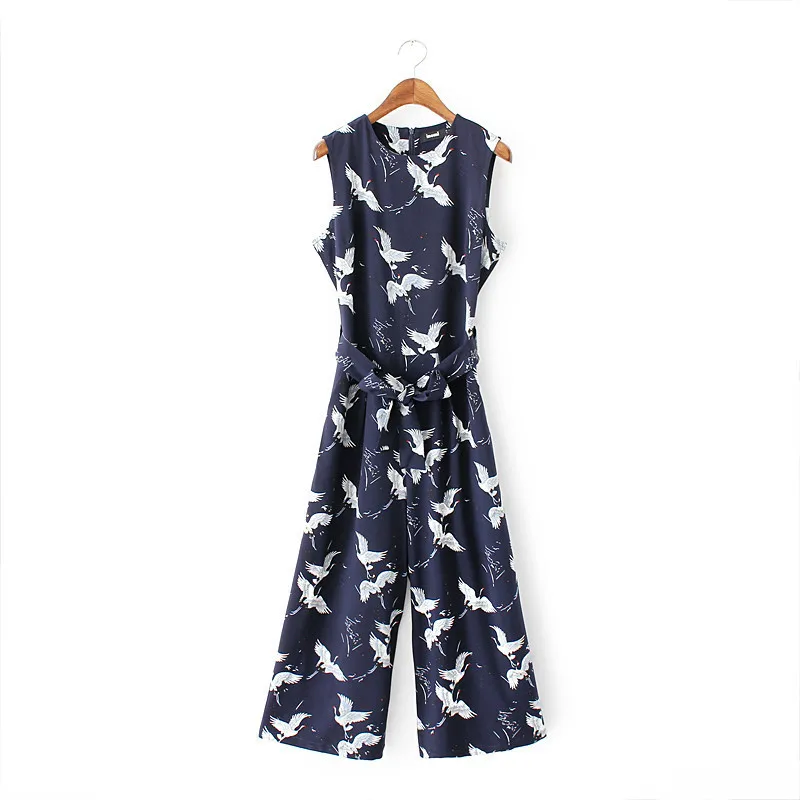 

Women Jumpsuits Rompers Summer Casual Red-crowned crane Print National Overalls Jumpsuit Short Sleeve Wide Leg Loose Jumpsuit