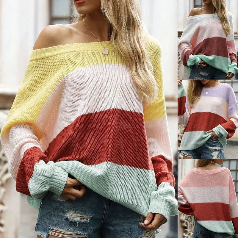 

Women's Off-Shoulder Long-Sleeved Knitted Sweater Lantern Sleeve Striped Color-Blocking Sweater