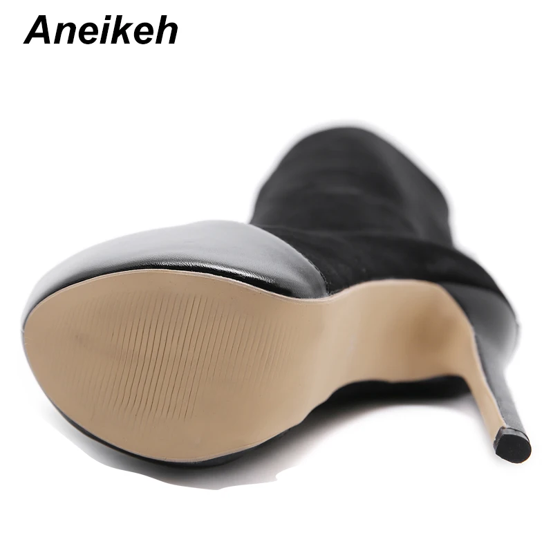 Aneikeh г.; модные женские сапоги до колена на платформе; обувь на высоком каблуке; пикантные сапоги из эластичной ткани на молнии с круглым носком; однотонные вечерние сапоги для офиса