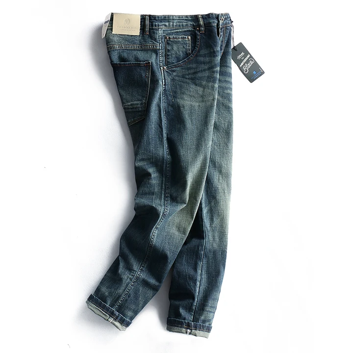 Новинка Весна 2021 синие потертые джинсы с эффектом усов мужские Модные эластичные