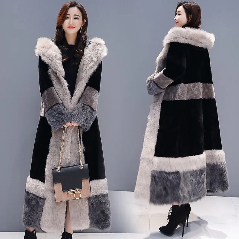 

Длинное женское пальто из искусственного меха, зимнее модное плотное теплое пальто с капюшоном и шитьем из черного меха, Lugentolo