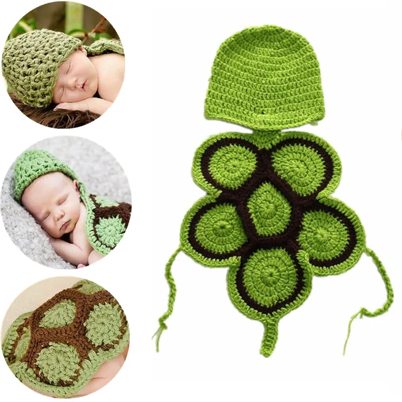 

0-6 Month Newborn Photography Props Knitted Green Tortoise Baby Suit Cloak Photo Costume