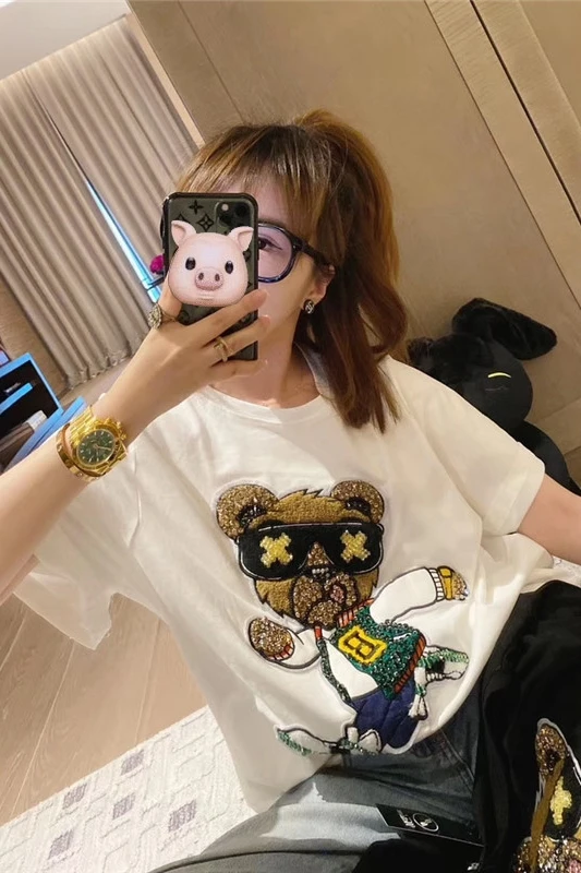

2021 new women's short sleeve nail bead stereo bear female ins white short sleeve T-shirt high quality embroidery fashion tee