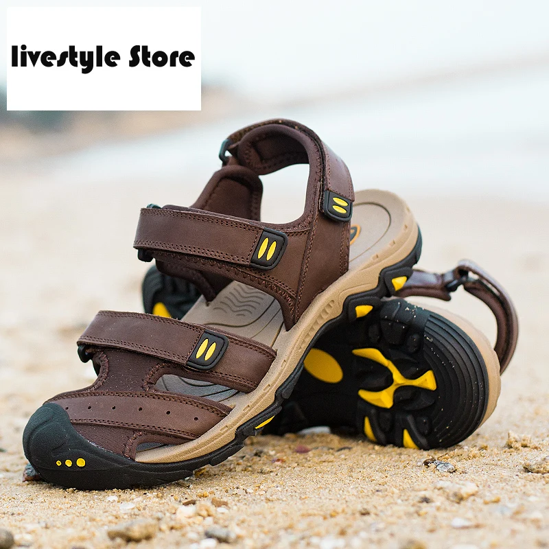 

2021 New Fashion Summer Shoes Cow Leather Men Sandals Mens Casual Shoes Non-slip Rubber Soles Beach Shoes Plus Size 38-47