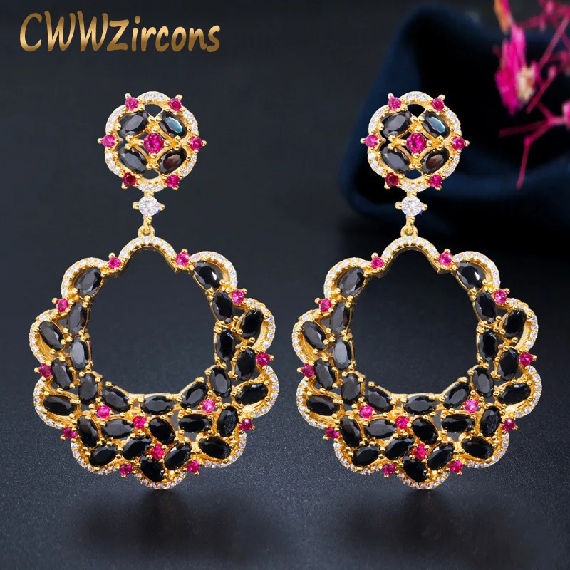CWWZircons Luxury Designer Big Long Flower Drop Red Black Cubic Zirconia Stone Earring Yellow Gold Party Jewelry for Women CZ687 | Украшения