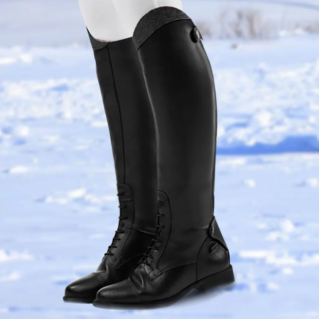 Women Knee High Leather Winter Boots Tight Warm Punk Unisex Med Heels Ridding Boots Formal Cool Retro Slip On Riding Shoes