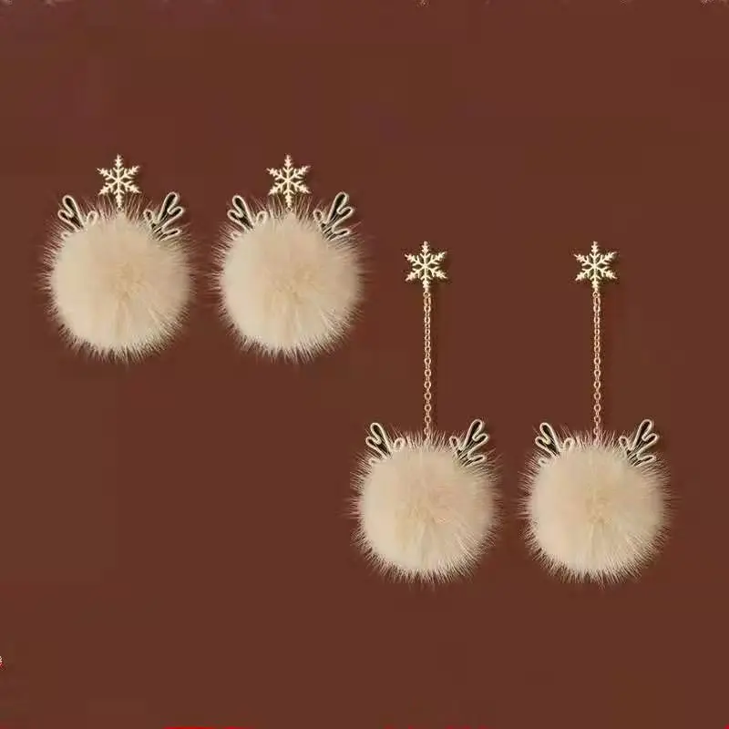 

2021 New Christmas Series Snowflake Antler Hair Ball Earrings Holiday Gifts New Year Essential Celebrity Accessories