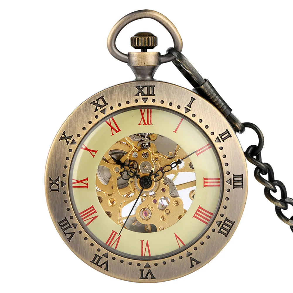 Open Face Roman Numerals Display Hand Winding Pocket Mechanical Watch Vintage Elegant Manual Mechanism Pendant Pocket Clock
