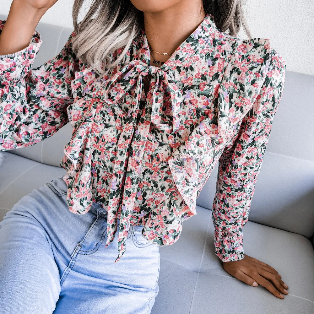 

Autumn Vintage Floral Print Blouse Women Long Sleeve O-neck Chic T-shirt Lace-up Ruffled Chiffon Elegant Office Blouses Shirts