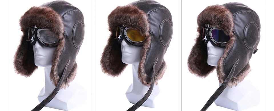 Зимняя куртка-бомбер Шапки Плюшевые Earflap русская ушанка с очки для мужчин женщин's Траппер Авиатор шлем летчика Искусственная кожа меха зимние шапки