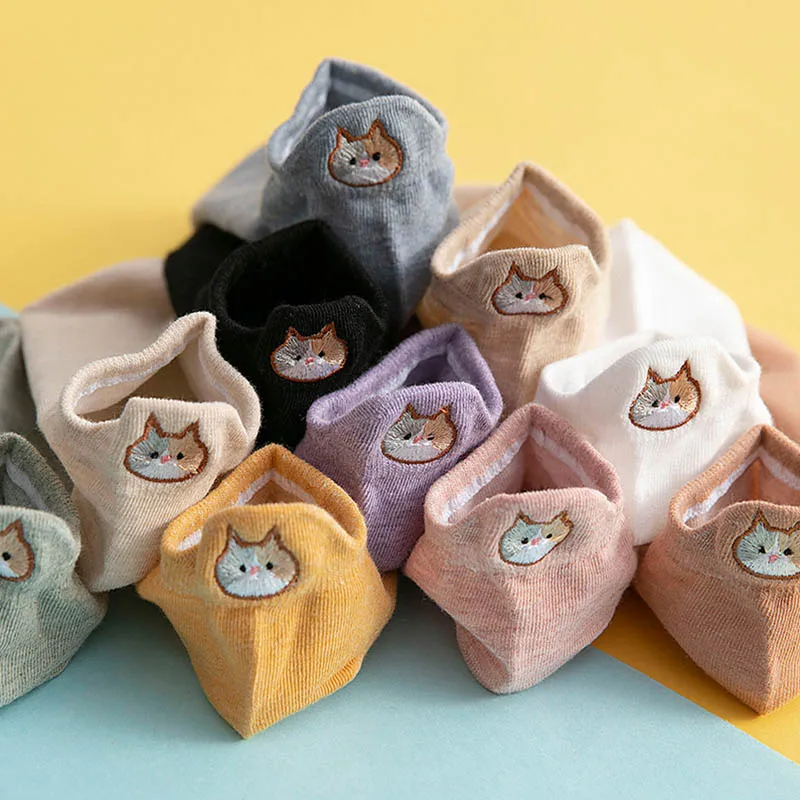 

New Cute Cartoon Embroidery Cat Cotton Ankle Socks Candy Color Fresh Youth Campus Girls Student Non Slip Low Cut Sock