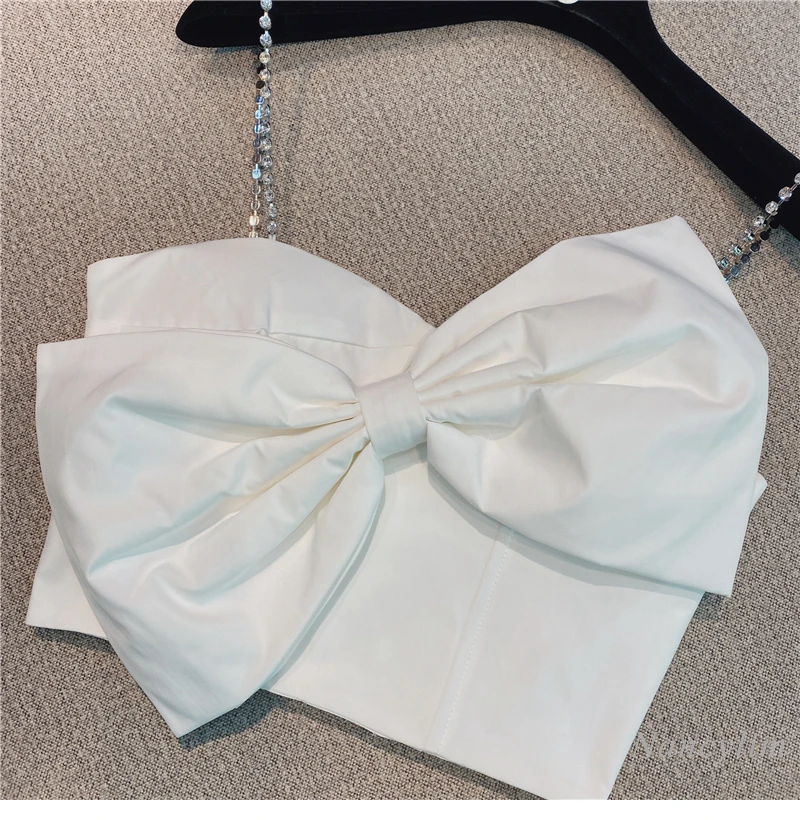 Big Bow Camisole Woman Rhinestone Chain Shoulder Strap 2021 Spring and Summer New Korean Style Temperament Lady Bra Crop Top