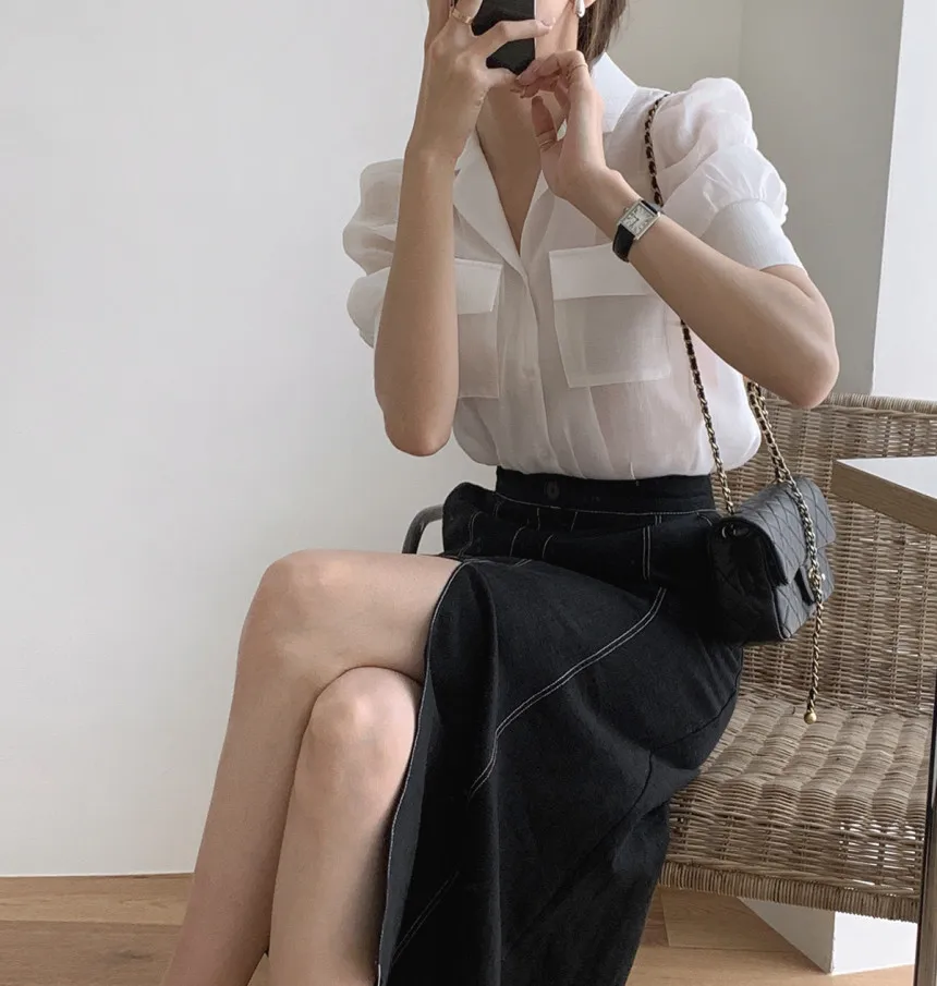 

small lapel micro double pockets through hubble-bubble sleeve shirt female summer French small western style jacket