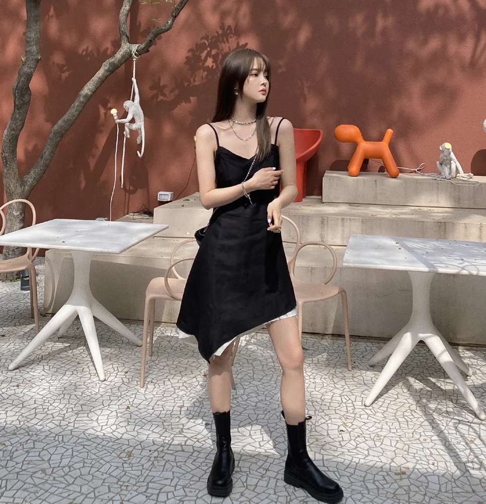 

2021 New French Style Retro Waist-Controlled Slim Backless Irregular Two-Piece Sexy Suspender Dress Nuyoah