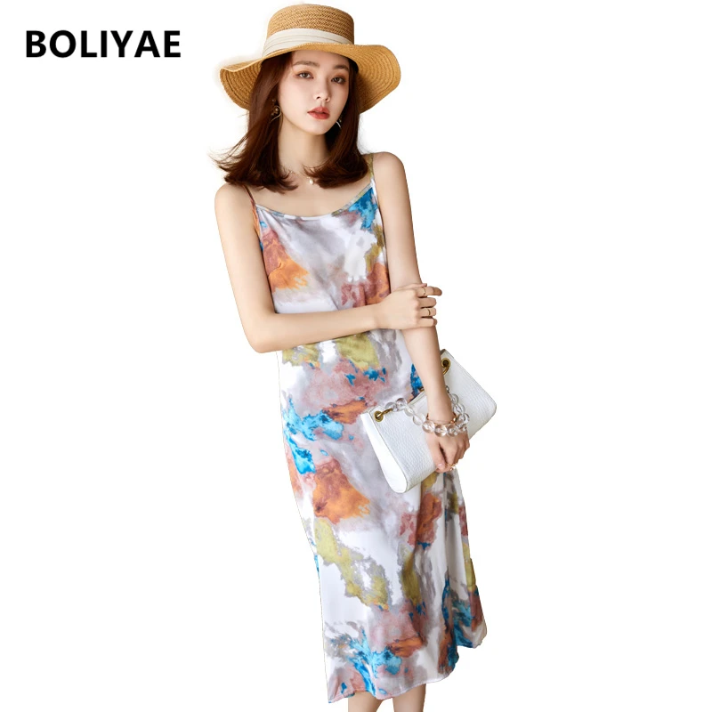Boliyae Sexy Strap Backless Dress Loose Skirt Spring Summer New Floral Print Sleeveless Basic Solid Womens Clothing