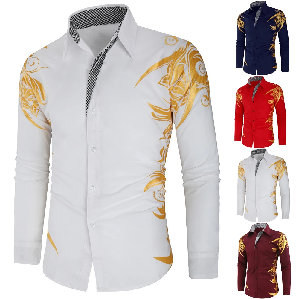 Рубашка мужская приталенная с длинным рукавом модная сорочка золотым принтом