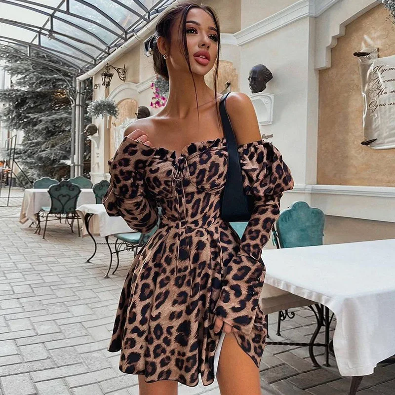 

2021 INS Leopard Sexy Lady Dress Color V-neck Slim Slash Neck Long Sleeves Casual Women Waist Mini Side Split Dress Nightc Club