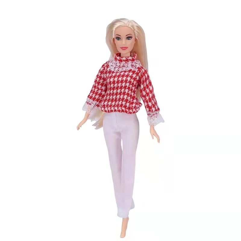 

Fashion Red Houndstooth Plaid Top Trousers for Barbie Doll Clothes Outfits Long Sleeve Shirt White Pants 1/6 BJD Dolls Accessory