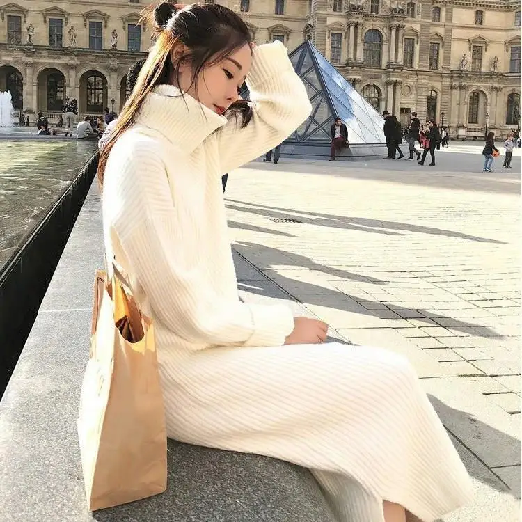Трикотажное женское платье Осень Зима Ретро белое Vestidos повседневное пуловер
