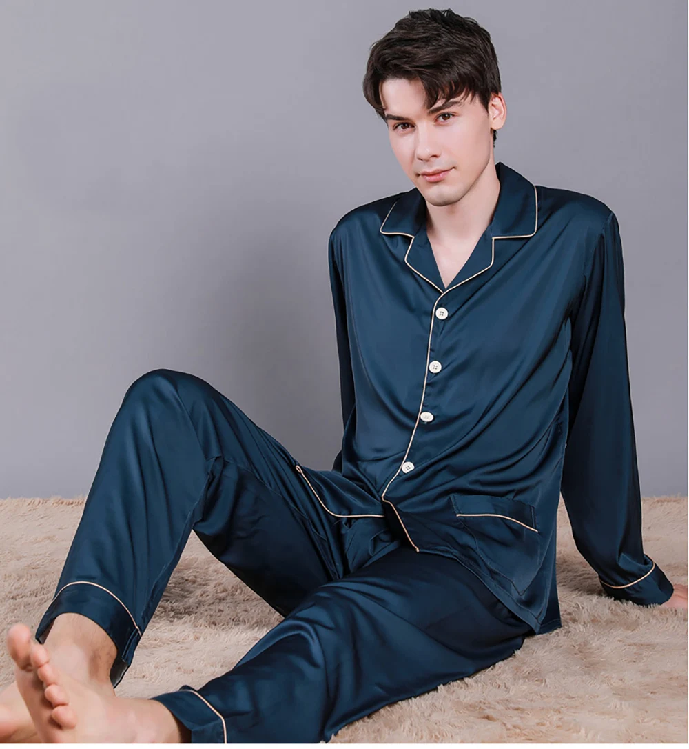 

Мужская Летняя шелковая пижама FAKUNTN, тонкие воздухопроницаемые пижамные комплекты, благородная однотонная Шелковая пижама, комфортная атл...
