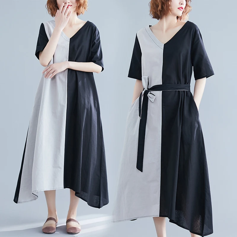 Женское платье из хлопка и льна свободное контрастное большого размера с