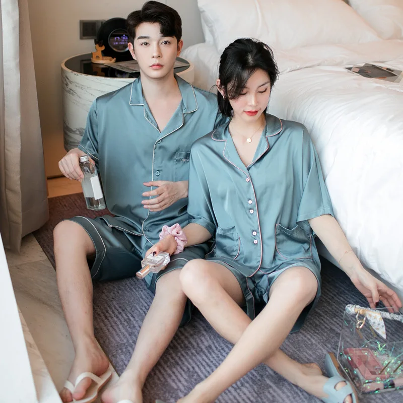 Summer Silk Set Short Sleeve With Pocket Shorts Sleepwear Men and Women Loose Style Home Suit  couple pajamas