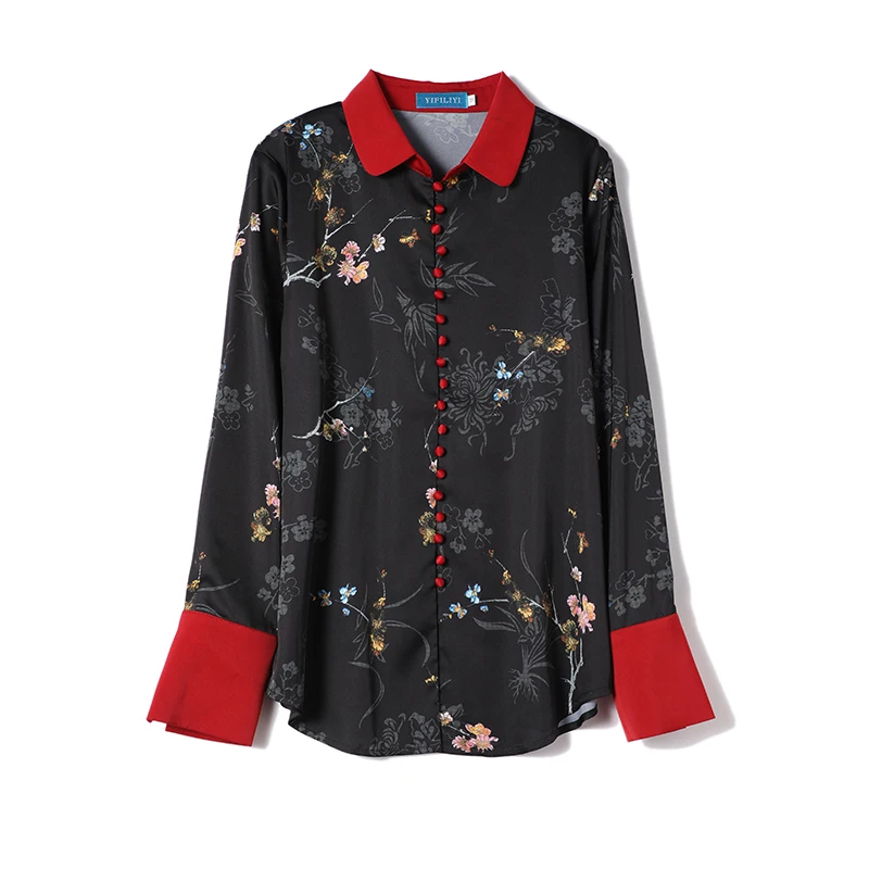 

COIGARSAM Vintage Full Sleeve Shirt Womens tops New Spring Casual Print Women shirts Black 2158