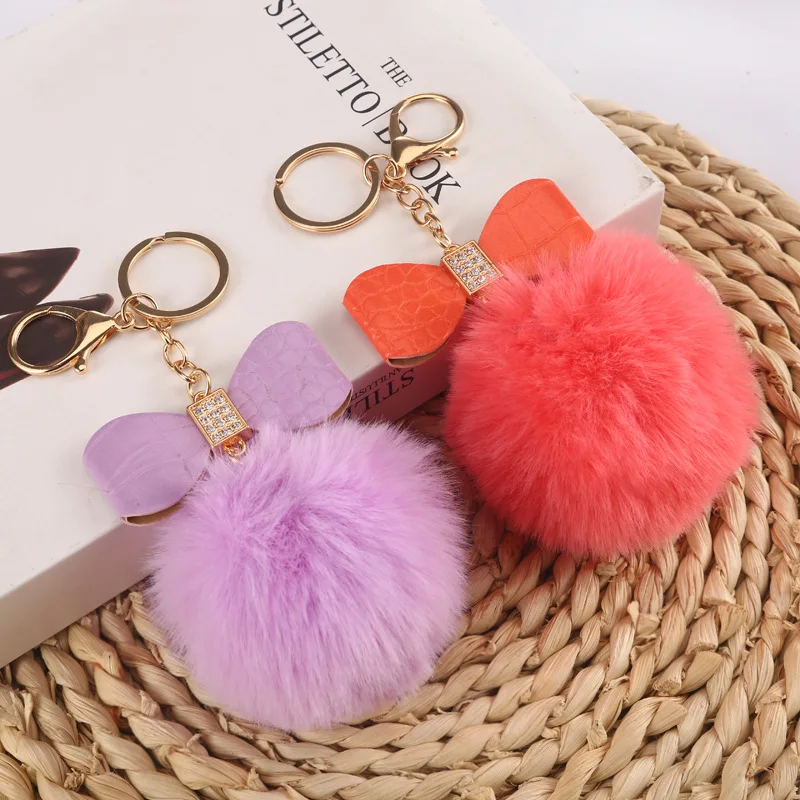 

Bowknot Keychain Multi color Pompoms Cute Children and Ladies Gift Accessories Rhinestone Inlaid Car Bag Pendant Keyring