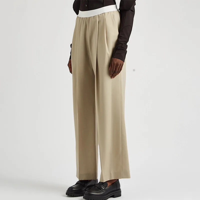 [DEAT] High Elastic Waist Trousers New Loose Pants Women Black Patchwork Office Lady Befree Fashion Tide Summer 2021 7E1409
