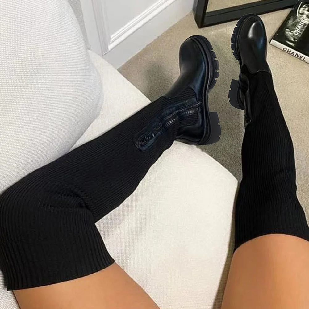 

Женские ботфорты без застежки KarinLuna, ботфорты из эластичной ткани, на платформе и квадратном каблуке, зимняя удобная обувь, 2021