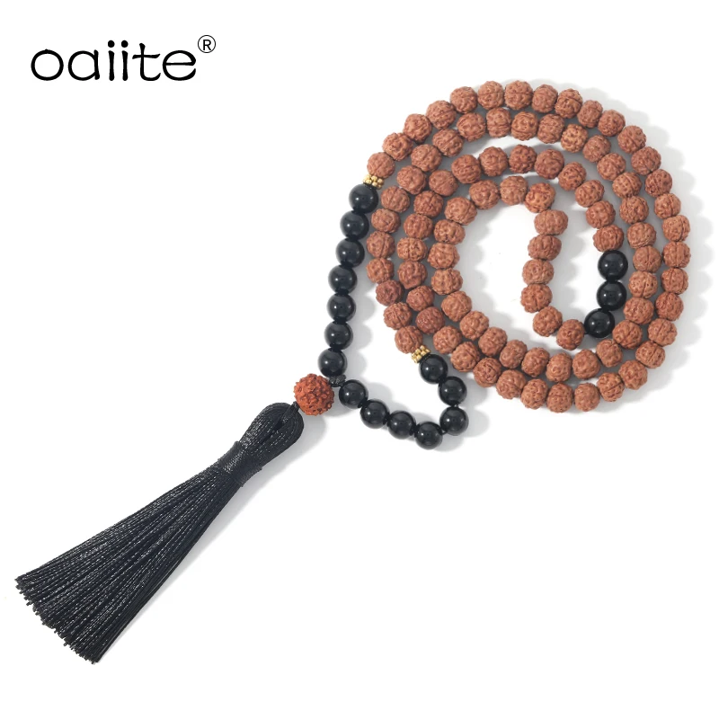 

OAIITE Black Onyx Heart Chakra Necklace 108 Beads Mala Rudraksha Neckelace Yoga Meditation Prayer Bohemian Tassel Neckelace