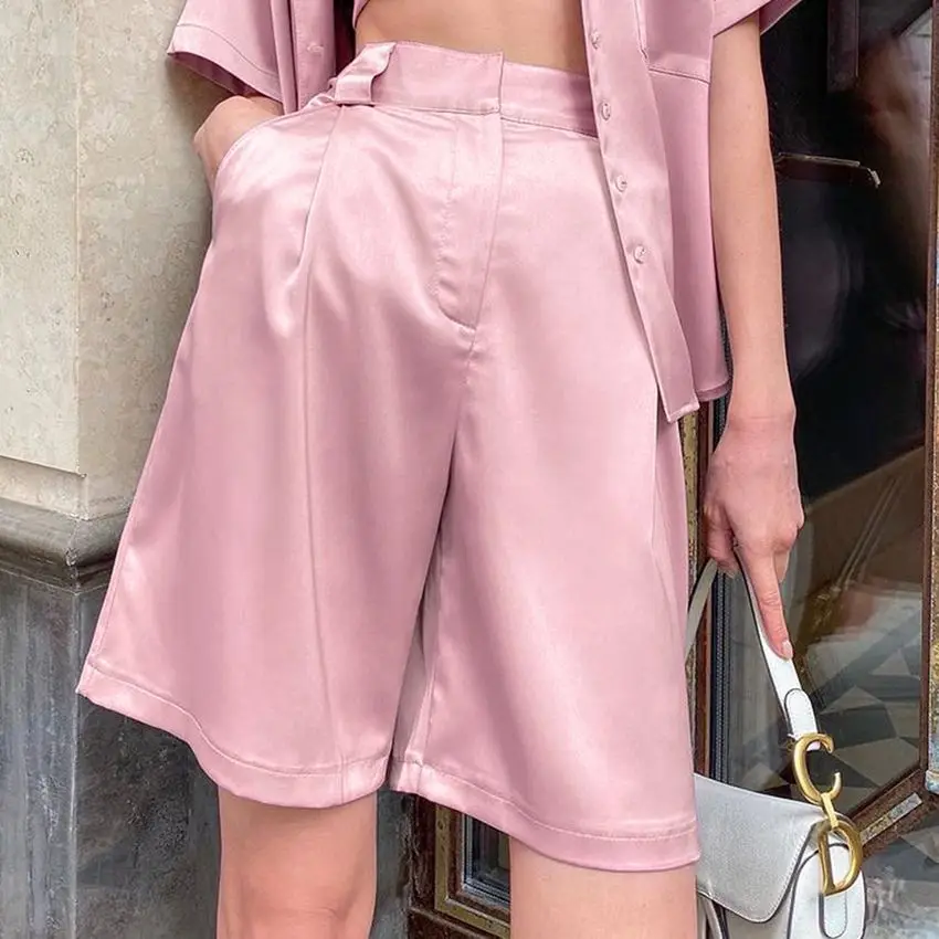 

2021 Ladies Pink High Waist Loose Pants Satin Comfortable High Sense Straight Casual Shorts Joker Wide Leg Pants Suit Shorts OL