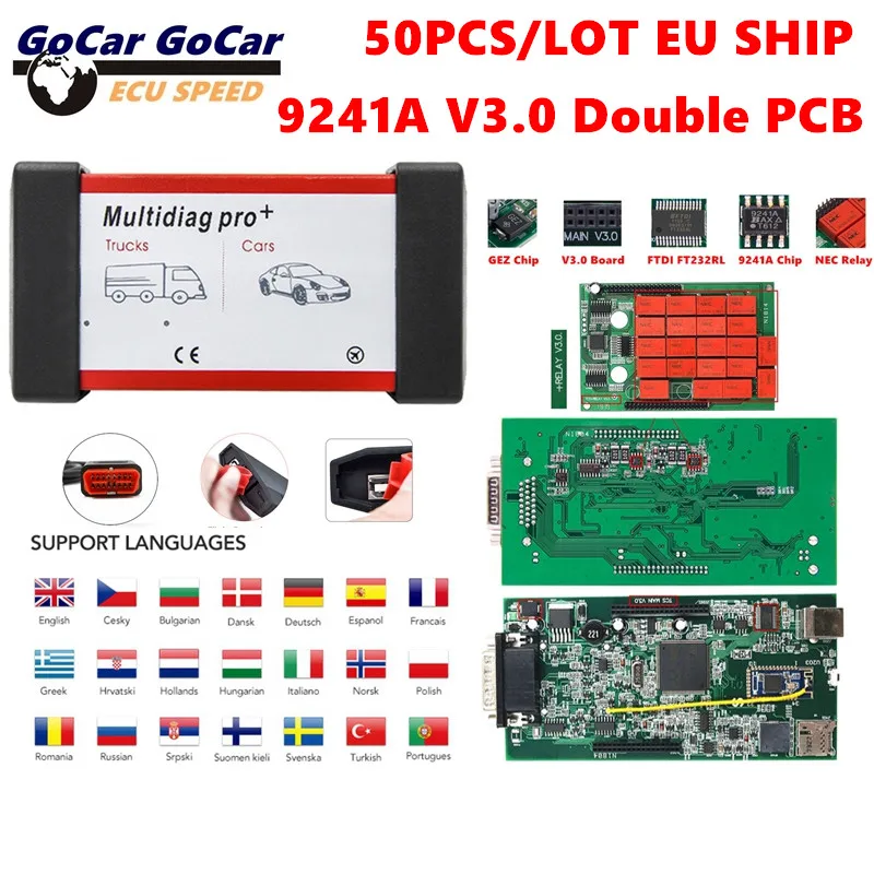 

50 шт./лот 2017/R3 V3.0 9241A двойная зеленая печатная плата OBD2 диагностический сканер Multidiag Pro VCI Bluetooth автомобиль/Грузовик TCS PRO