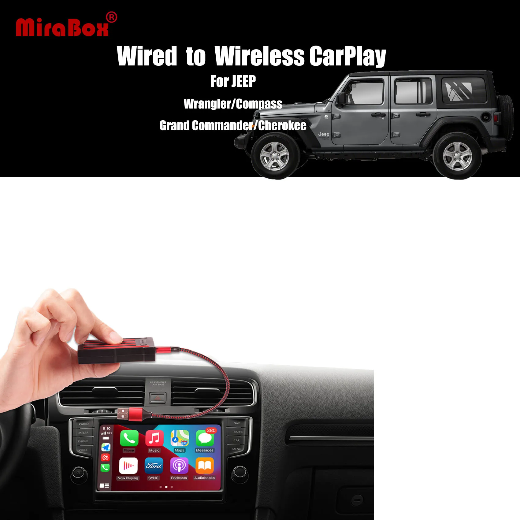 

Беспроводной адаптер MiraBox для Apple Carplay, USB-ключ для JEEP Wrangler Compass Grand Commander Cherokee