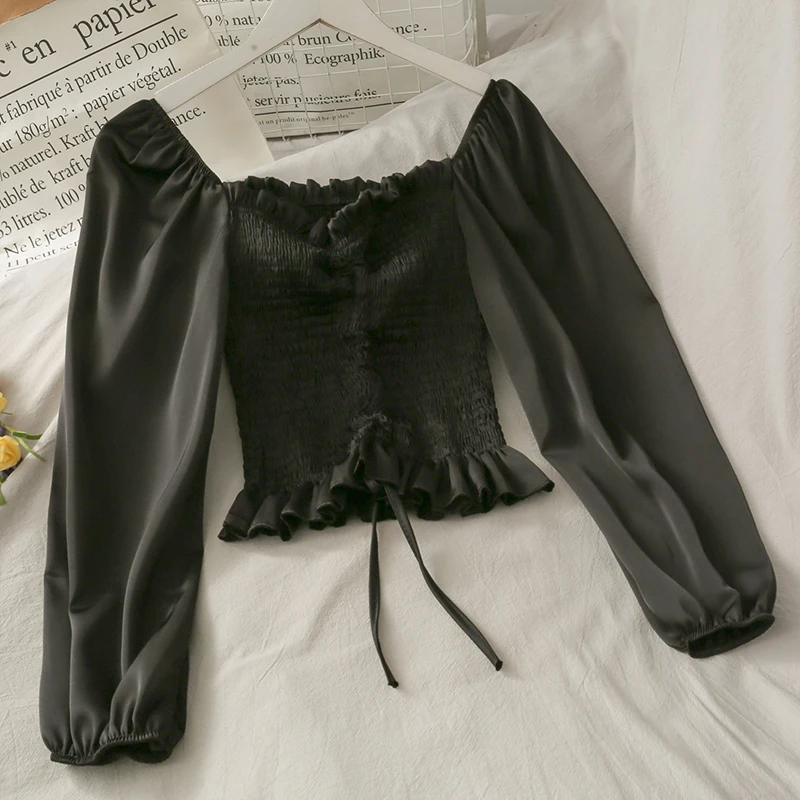

Women Fashion Outdoor Casual Puff Long Sleeves Bodycon Slim Blouse Ladies OL Sweet Top Girls Student Elegant Daily Basic Shirts