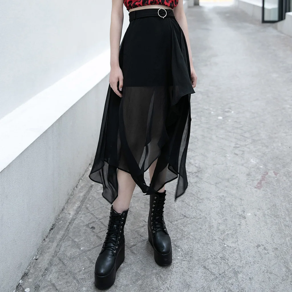 

Gothic Sexy Fashion Fake Two-piece Mid-length Skirts Women's Punk Daily Hight Waist Asymmetrical Chiffon Long Skirt PUNK RAVE