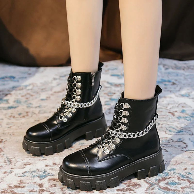 

Rimocy Punk Metal Chain Pu Leather Ankle Boots for Women 2021 Black Ladies Chunky Platform Boots Gothic Rivet Shoes Woman Autumn