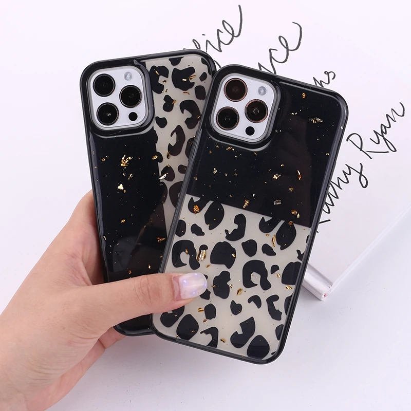 

Fashion Leopard Print Gold Foil Glitter Protection Phone Case For iPhone 13 12 11 Pro Max XR XS Max X 7 8 Plus Phone Coque Funda