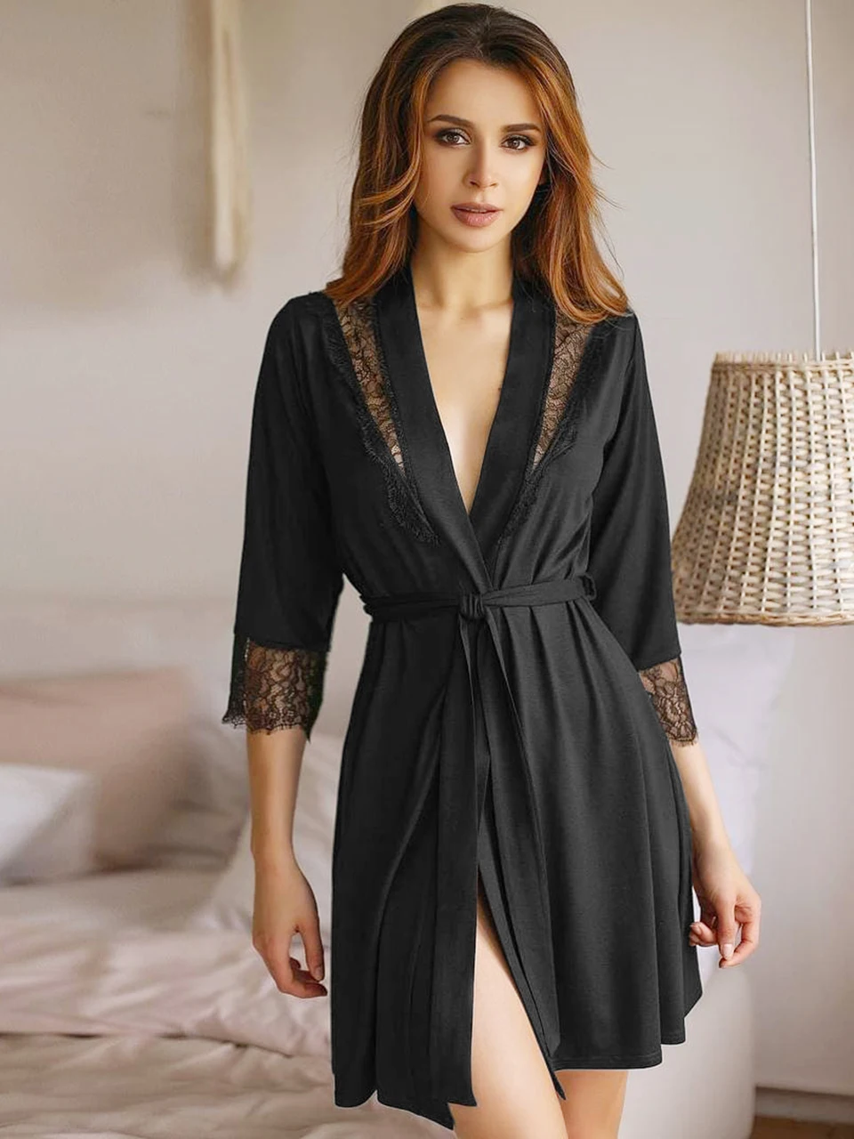 

Пикантная кружевная черная Пижама, лоскутные халаты, женская пижама, мини-халаты, прозрачная Домашняя одежда, мини-халат на шнуровке, вязана...