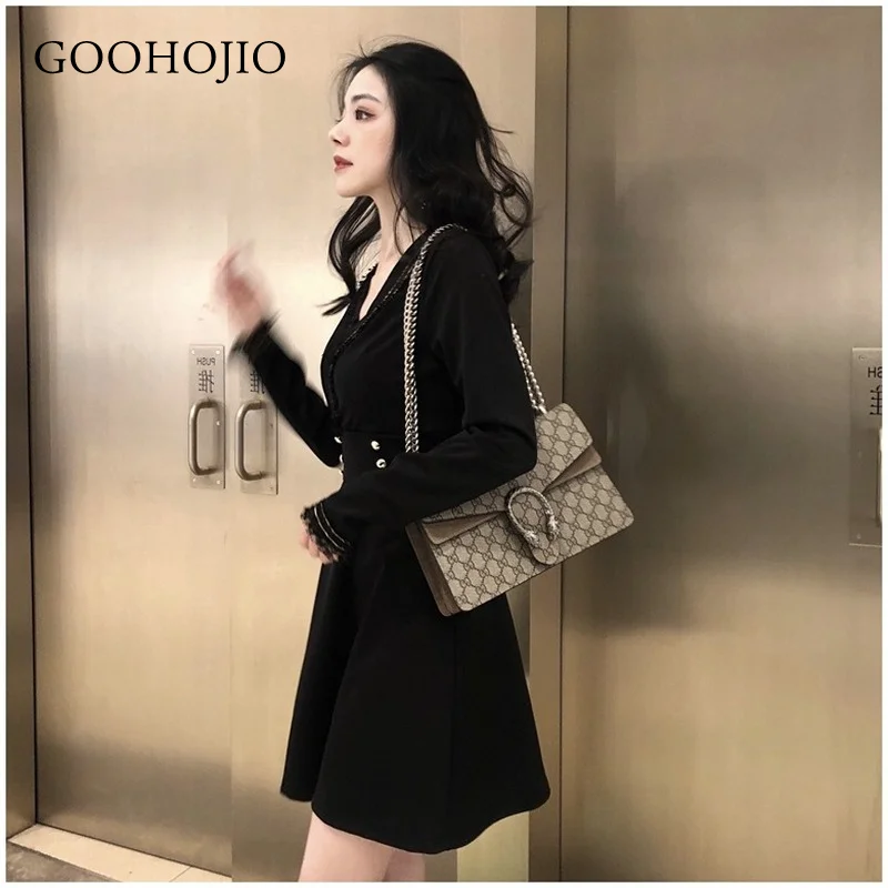 

GOOHOJIO 2021 New Spring and Autum Vintage Solid Color Dress Women Temperament Women Dress V-neck Fashionable Dress for Women